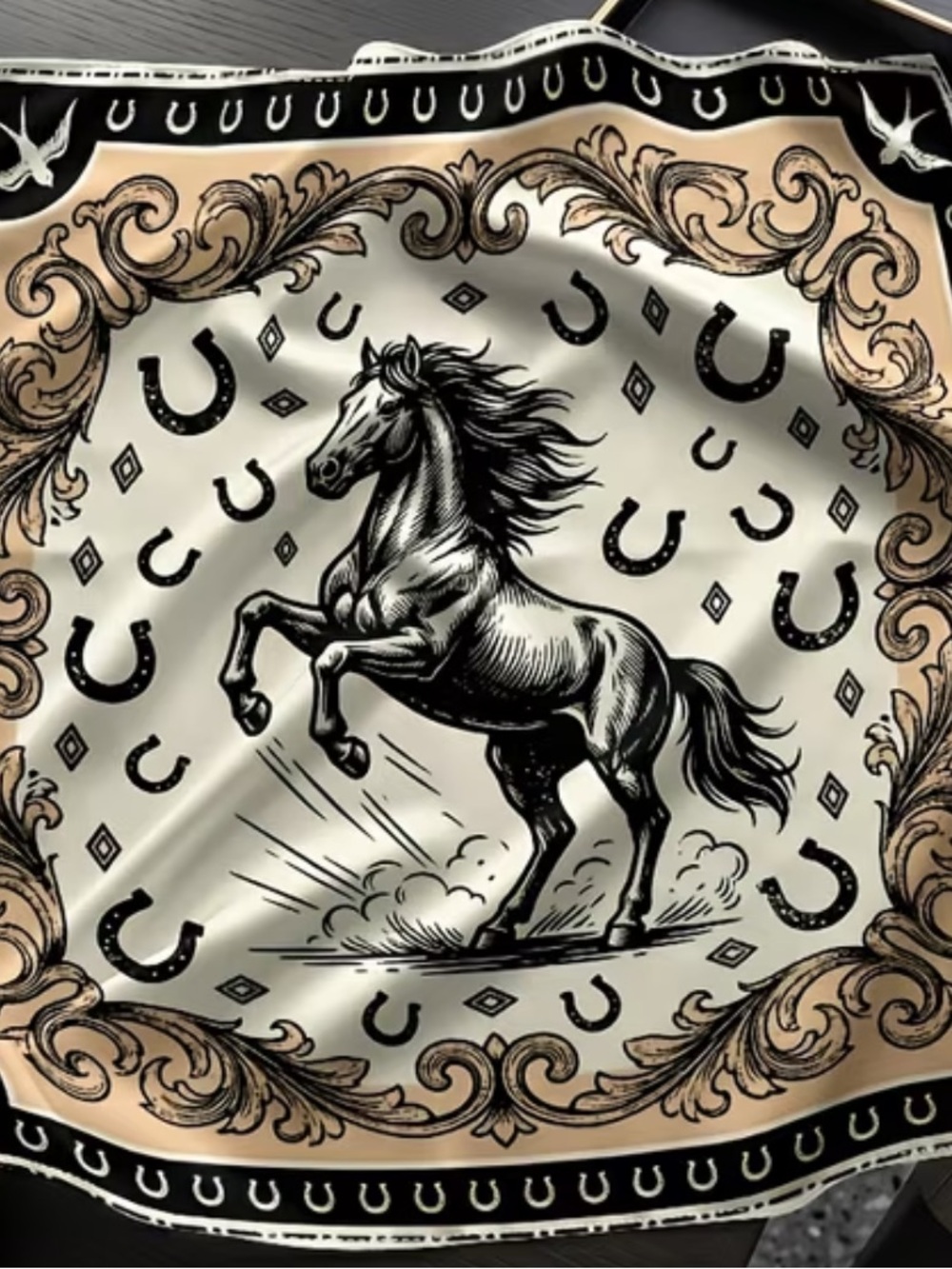 Horse Motif Scarf in Cream, Black & Gold